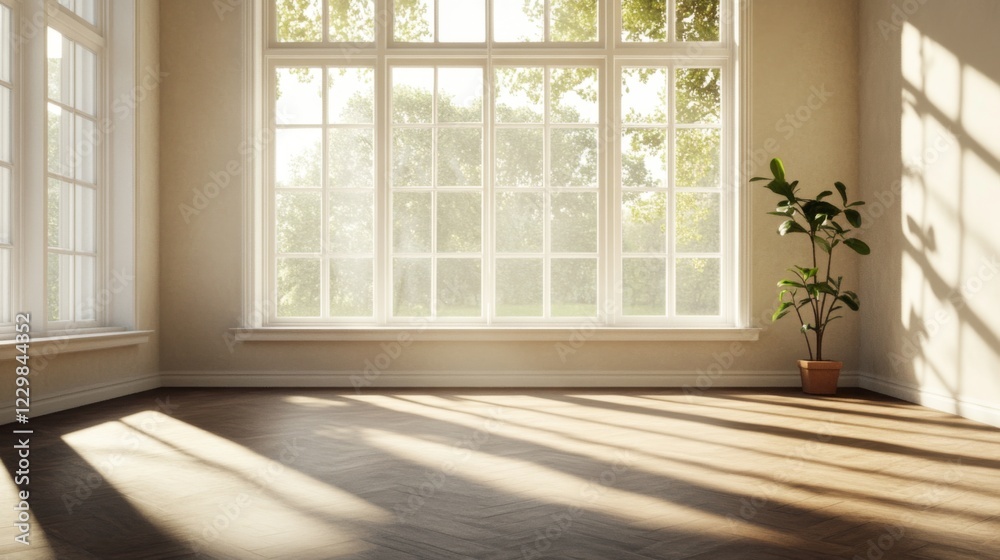 Fototapeta premium Sunlit empty room with large window, hardwood floor, and plant.