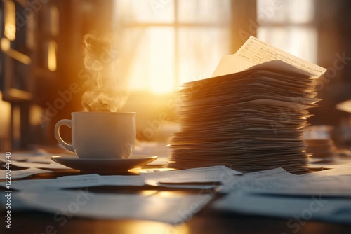 A teacher grading papers at a clean desk, with stacks of organized assignments and a cup of coffee