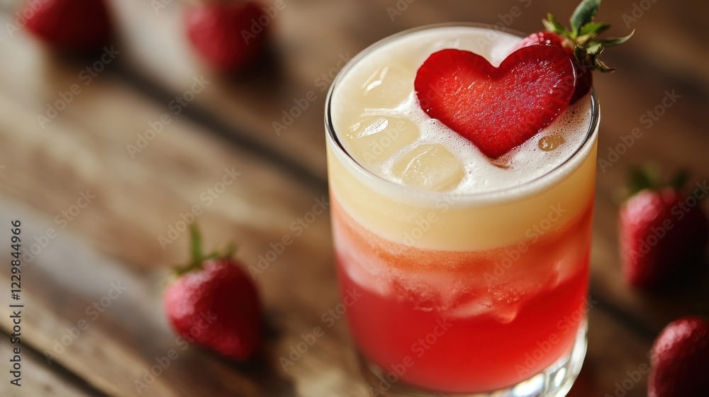 A Valentine-inspired mocktail with layers of red and white, garnished with a heart-shaped fruit slice A Valentine-inspired mocktail with layers of red and white, garnished with a heart-shaped fruit slice