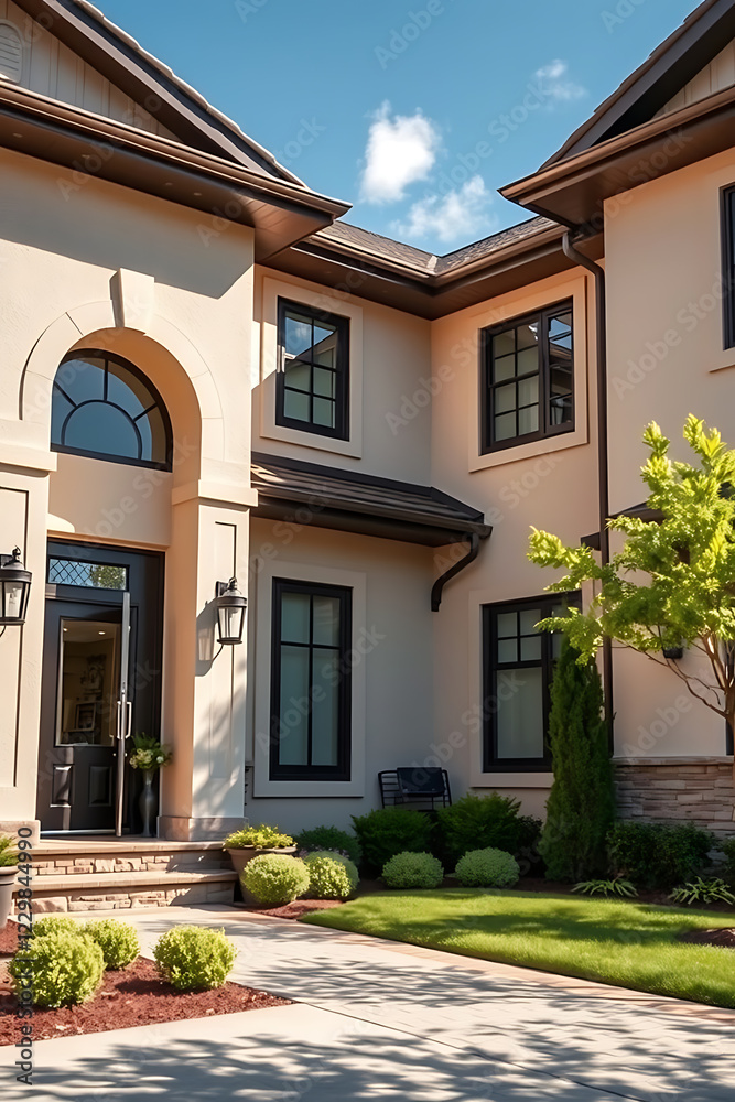Obraz premium Luxury Modern Home Exterior: Stunning Architecture and Landscaping. A dream house with beautiful design, showcasing modern architecture and a well-maintained garden.