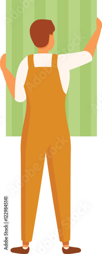 Construction worker mounting green plasterboard panel, building and renovation works, back view
