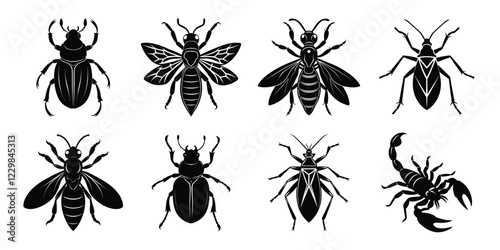 Set of insects silhouettes. Vector illustrations poisonous insects isolated on white background