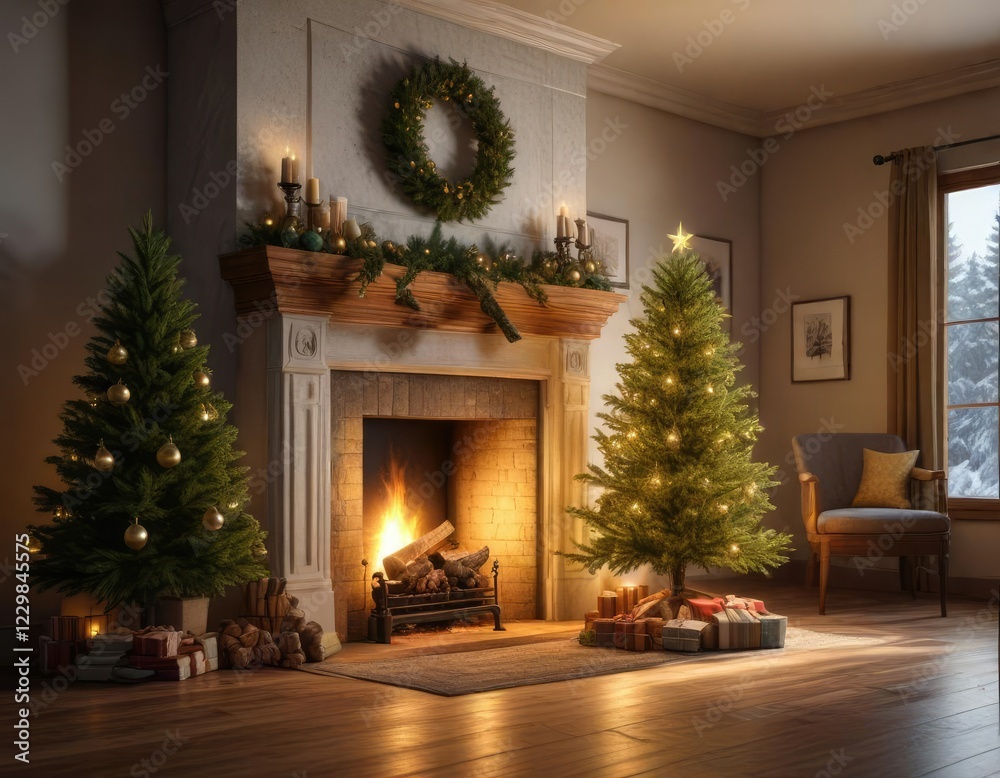 Fototapeta premium Majestic fir Christmas tree with a golden light shining from behind the fireplace, festive atmosphere, rustic charm, holiday decor