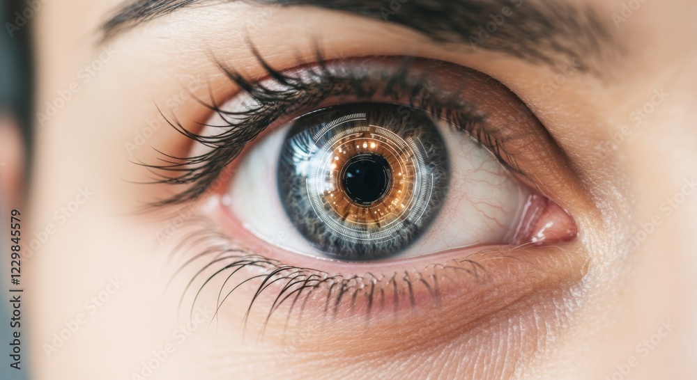Fototapeta premium Futuristic cybernetic human eye with digital circuitry reflections