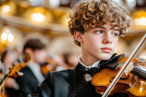 A violinist playing a complex solo with expression and precision in an elegant concert hall, reflecting musical proficiency