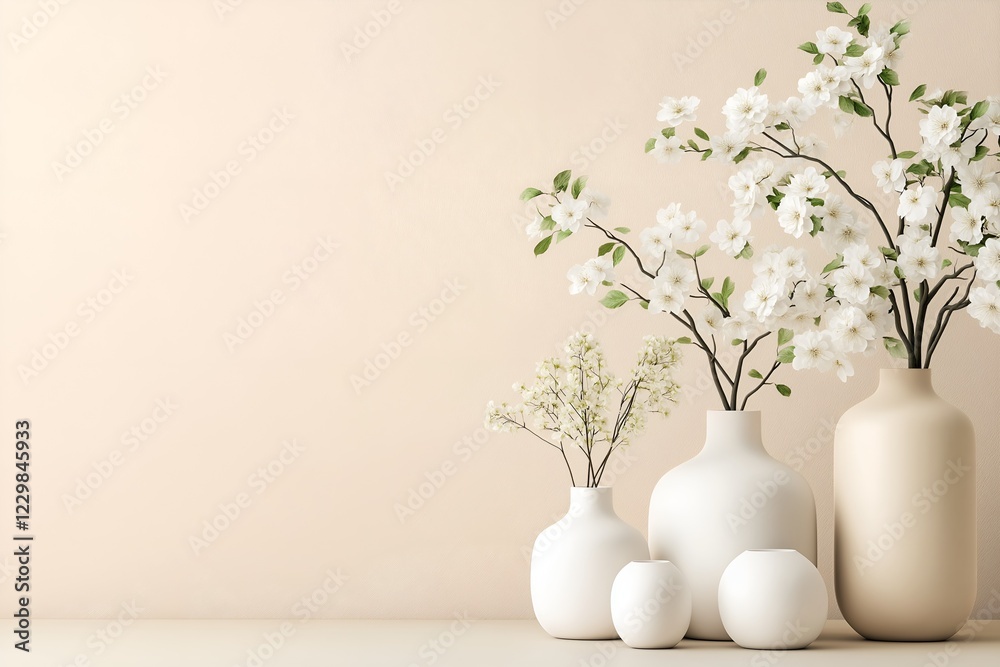 Minimalist White Ceramic Vases With Delicate White Flowers, Elegant Home Decor And Interior Styling Concept Minimalist White Ceramic Vases With Delicate White Flowers, Elegant Home Decor And Interior Styling Concept