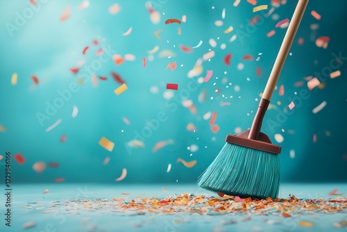 Colorful Confetti Being Swept By A Broom, Symbolizing Cleanup After Celebration And Fresh Start Concept