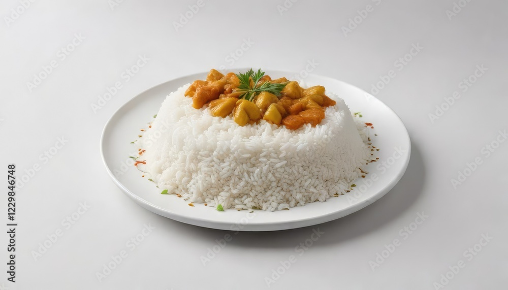 Minimalistic white rice and curry presentation on a white background, modern plating, clean eating, vegetarian option, tasteful Minimalistic white rice and curry presentation on a white background, modern plating, clean eating, vegetarian option, tasteful