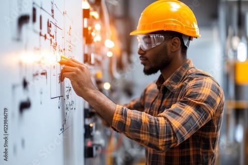 An engineer sketching designs on a whiteboard pertaining to a new robotics project, with components laid out on a nearby workbench photo