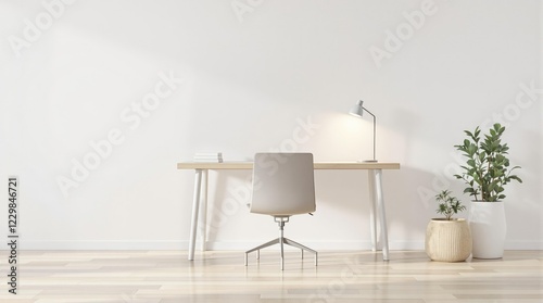 Minimalist home study area with desk chair and table , workspace, organization, room, interior design, minimalist photo