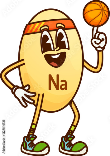 Cartoon sodium vitamin groovy character spins a basketball on its finger with a cheerful expression. Isolated vector Na micronutrient capsule basketball player retro sportsman personage wears sneakers