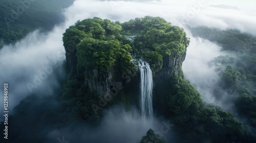 A cascading waterfall surrounded by lush greenery and mist.