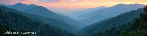 Misty valleys and forests of Blue Ridge Mountains at dawn, blue ridge mountains, valley