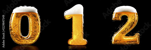 Numbers 0, 1, 2. Beer Alphabet: Chilled Golden Letters on a Black Background