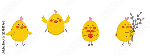 Set of cute isolated yellow fluffy chickens with noise texture in playful poses for Easter. Template in flat hand drawn style. Perfect for greeting cards, nursery decor or festive spring branding