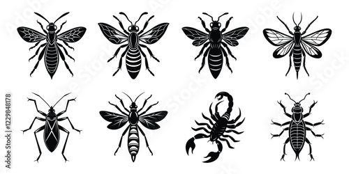 Set of insects silhouettes. Vector illustrations poisonous insects isolated on white background