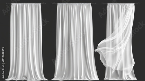 Three white sheer curtains, one closed, one open, one blowing in the wind, against a black background.