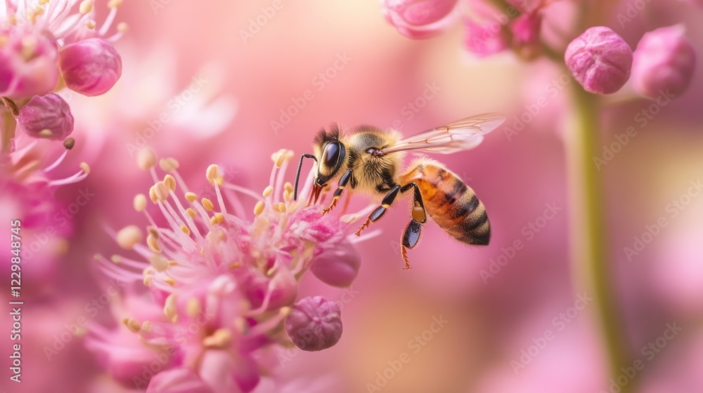 Honeybee Gathering Pollen on a Pink Flower Honeybee Gathering Pollen on a Pink Flower
