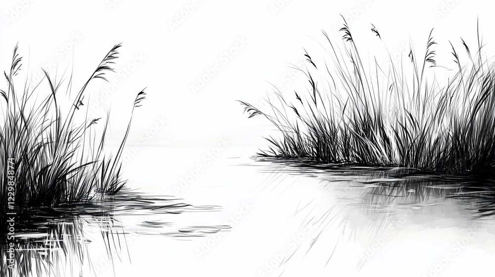 Obraz premium Monochrome reeds swaying gently above water surface in a minimalist landscape sketch