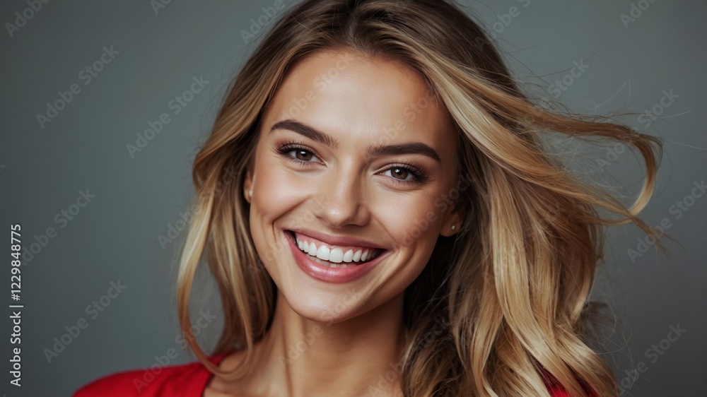 A stunning blonde woman with a radiant smile and glowing skin beams in a captivating portrait. A stunning blonde woman with a radiant smile and glowing skin beams in a captivating portrait.