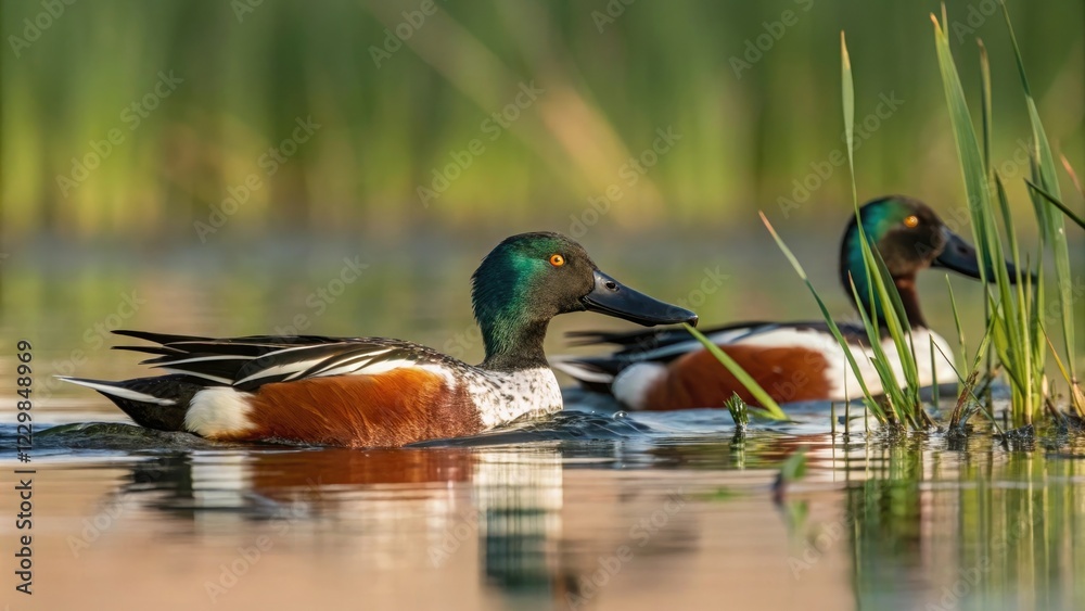 Obraz premium Northern shoveler ducks swim and dive in unison through the lake's vegetation their webbed feet propelling them forward, flock behavior, lake ecology, outdoor photography
