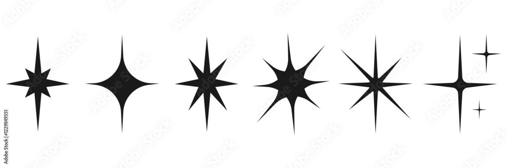 Collection of sparkling stars icons.Shiny icons in different shapes.Set of original black stars.Vector illustration. Collection of sparkling stars icons.Shiny icons in different shapes.Set of original black stars.Vector illustration.