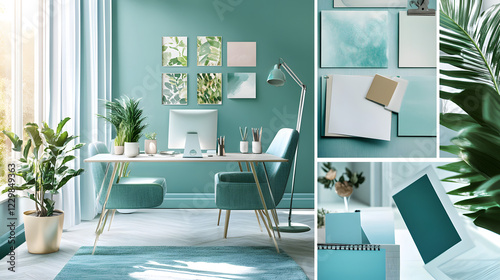 Mood-inspired colors with a vibrant office decorated in soft blues and greens, designed to boost focus and relaxation, with mood boards showcasing color psychology