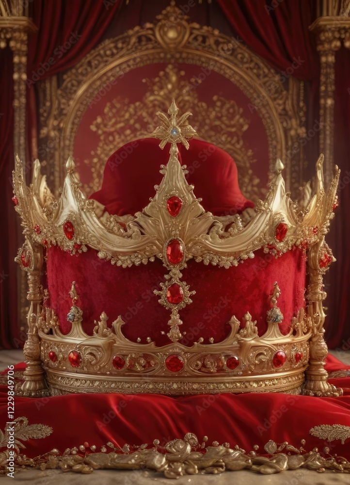 Obraz premium Opulent crimson backdrop showcases a resplendent golden crown encrusted with vibrant red precious gems on an ornate golden pillow , jewels, regal, crimson