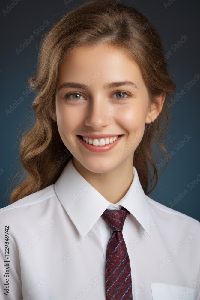 smiling young woman in white shirt and tie with blue background smiling young woman in white shirt and tie with blue background