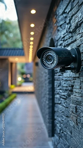 A sleek black surveillance camera is mounted on a stone wall, capturing the serene beauty of a garden path illuminated by warm lights. The tranquil scene showcases nature and security.