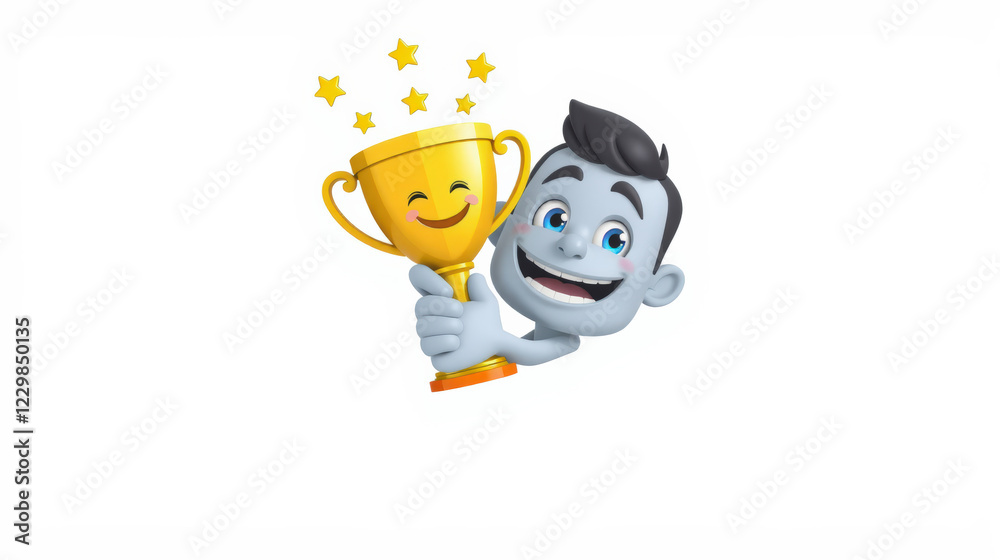 cheerful character holding gold trophy with stars around, celebrating success and achievement cheerful character holding gold trophy with stars around, celebrating success and achievement