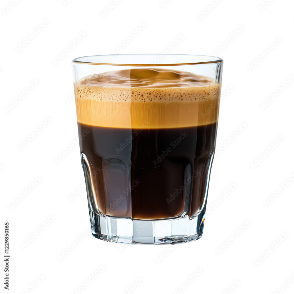 Rich espresso served in clear glass, Isolated on white background
