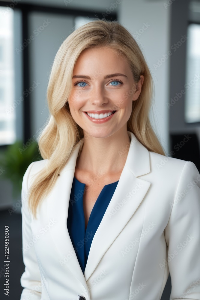 blonde woman in white jacket and blue blouse smiling at camera blonde woman in white jacket and blue blouse smiling at camera