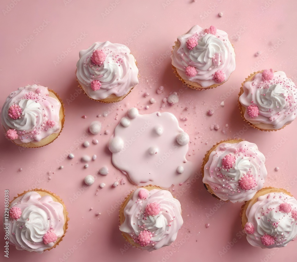 Overhead shot of a table with multiple pink cupcakes with fluffy white frosting and sprinkles on a plain pastel pink background, dessert, cupcakes, yummy Overhead shot of a table with multiple pink cupcakes with fluffy white frosting and sprinkles on a plain pastel pink background, dessert, cupcakes, yummy