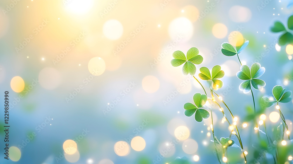 A delicate arrangement of glowing clovers against a dreamy bokeh background, capturing the essence of spring or St. Patricks Day celebrations, with subtle yet magical lighting. Selective focus A delicate arrangement of glowing clovers against a dreamy bokeh background, capturing the essence of spring or St. Patricks Day celebrations, with subtle yet magical lighting. Selective focus