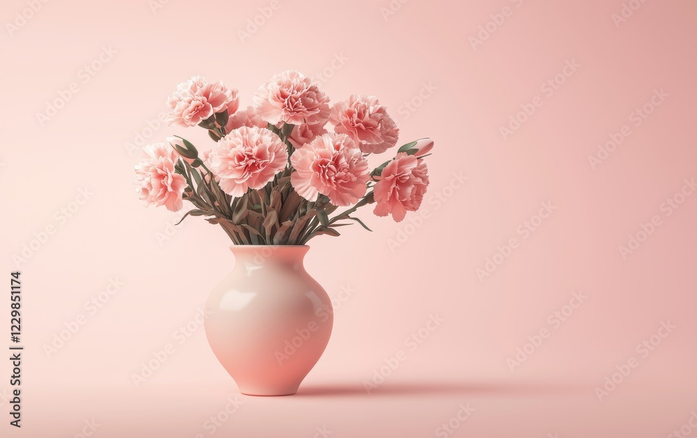 bouquet of carnations in a decorative ceramic vase, placed on a pale pink gradient background. Valentines Day and 8 March theme bouquet of carnations in a decorative ceramic vase, placed on a pale pink gradient background. Valentines Day and 8 March theme