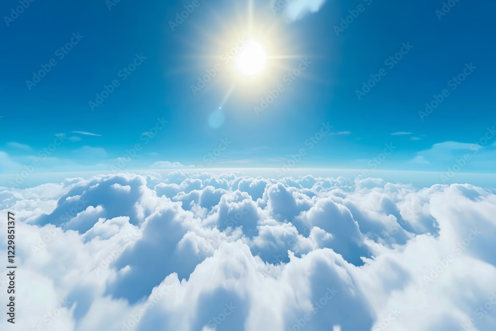 Fototapeta premium A clear blue sky with the sun shining above white clouds. The background is a horizon of endless, fluffy clouds stretching across the screen from left to right.
