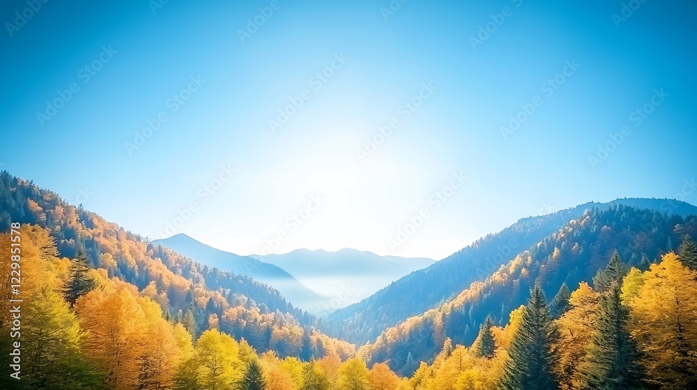 Vibrant autumn landscape showcasing golden trees under a clear blue sky with distant mountains Vibrant autumn landscape showcasing golden trees under a clear blue sky with distant mountains