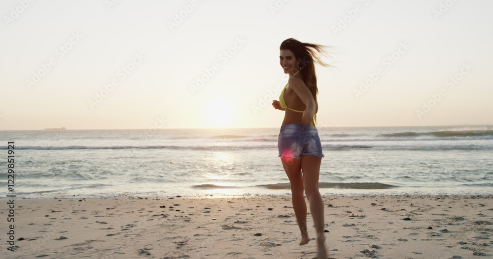 Fototapeta premium Woman, running and beach for vacation portrait, explore summer and travel to tropical island. Female person, ocean location and holiday in nature for wanderlust, tourist and Bali adventure by sea