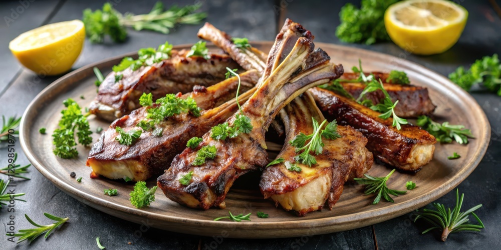 Tender grilled lamb ribs fall off the bone on a plate, garnished with fresh herbs and lemon wedges, grilled, plate, grilled Tender grilled lamb ribs fall off the bone on a plate, garnished with fresh herbs and lemon wedges, grilled, plate, grilled