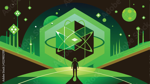 An abstract vector graphic symbolizing quantum computing – qubits, superposition, and complex mathematical algorithms in a futuristic digital style