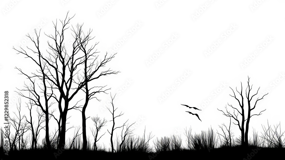 Obraz premium Naked trees silhouettes set hand drawn isolated illustrations in black and white, nature, autumn, bare trees