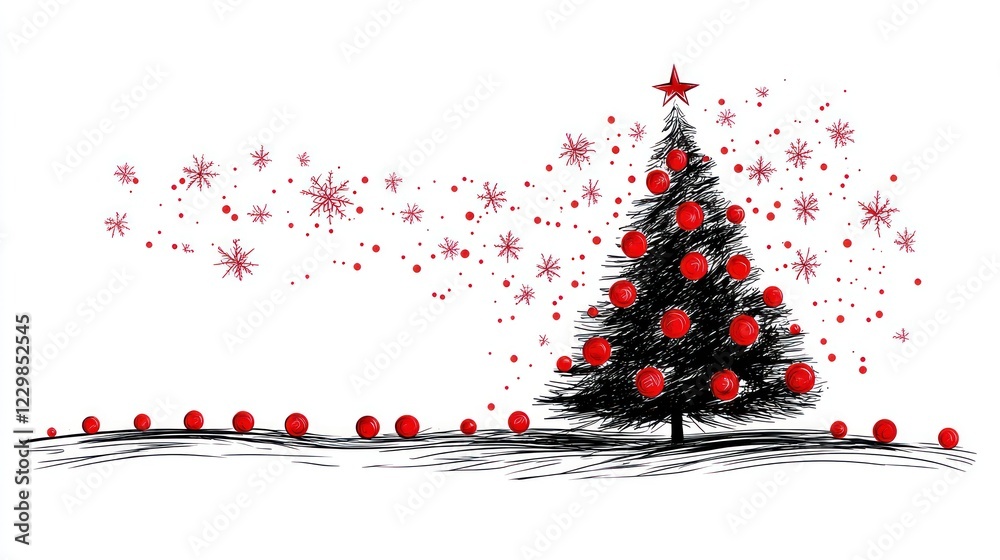 Simple black Christmas tree with red ornaments and snowflakes. Simple black Christmas tree with red ornaments and snowflakes.