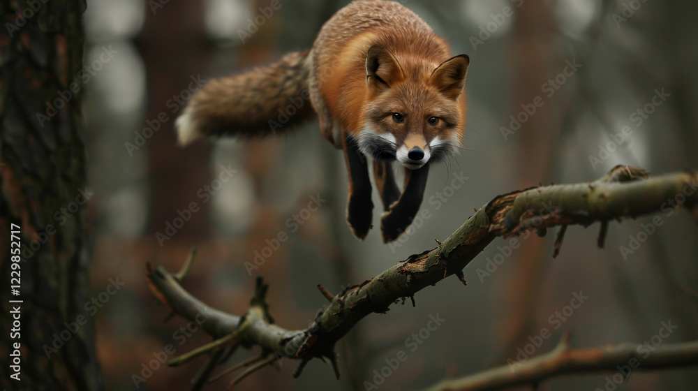 Naklejka premium Fox jumping over a dry tree while running in the forest.