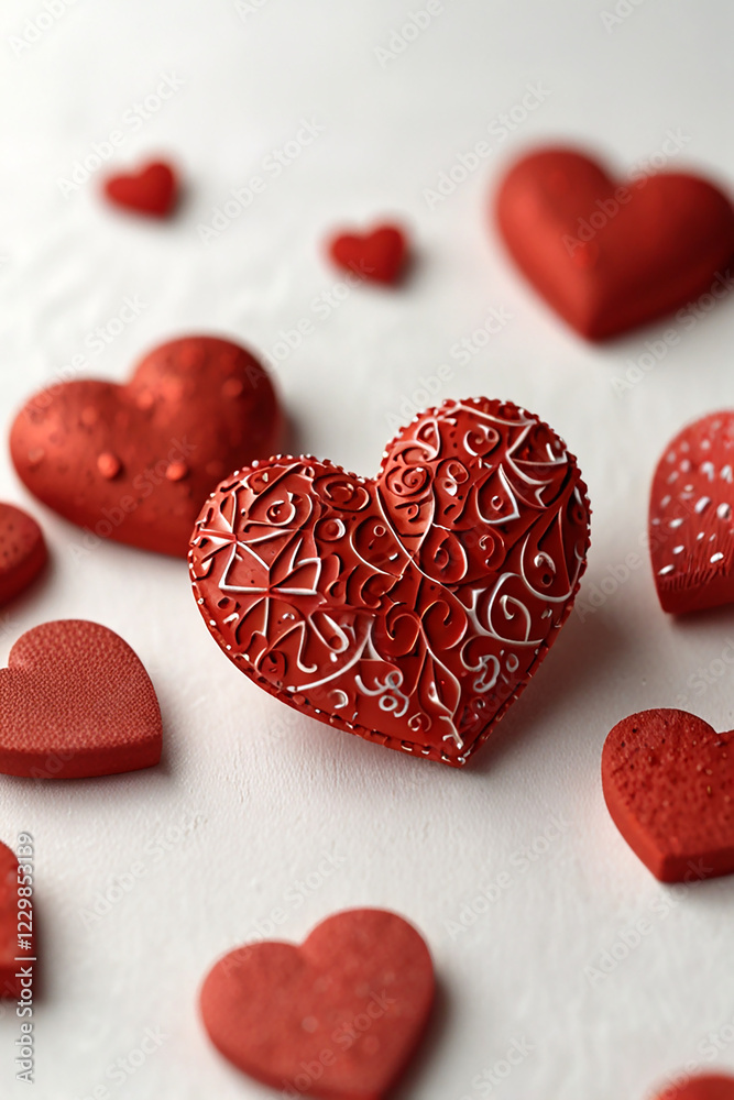 Fototapeta premium red color heart shapes with decorative heart with motifs at the middle in white background 