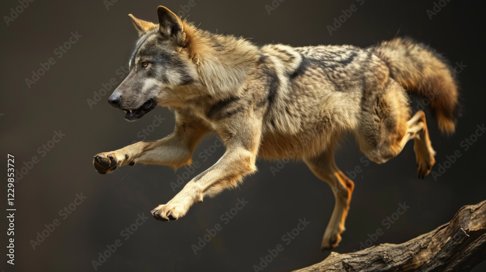 Obraz premium Wolf jump over a branch on gray background.