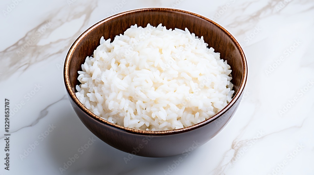Fluffy White Rice in Rustic Wooden Bowl, Clean Food Photography Fluffy White Rice in Rustic Wooden Bowl, Clean Food Photography