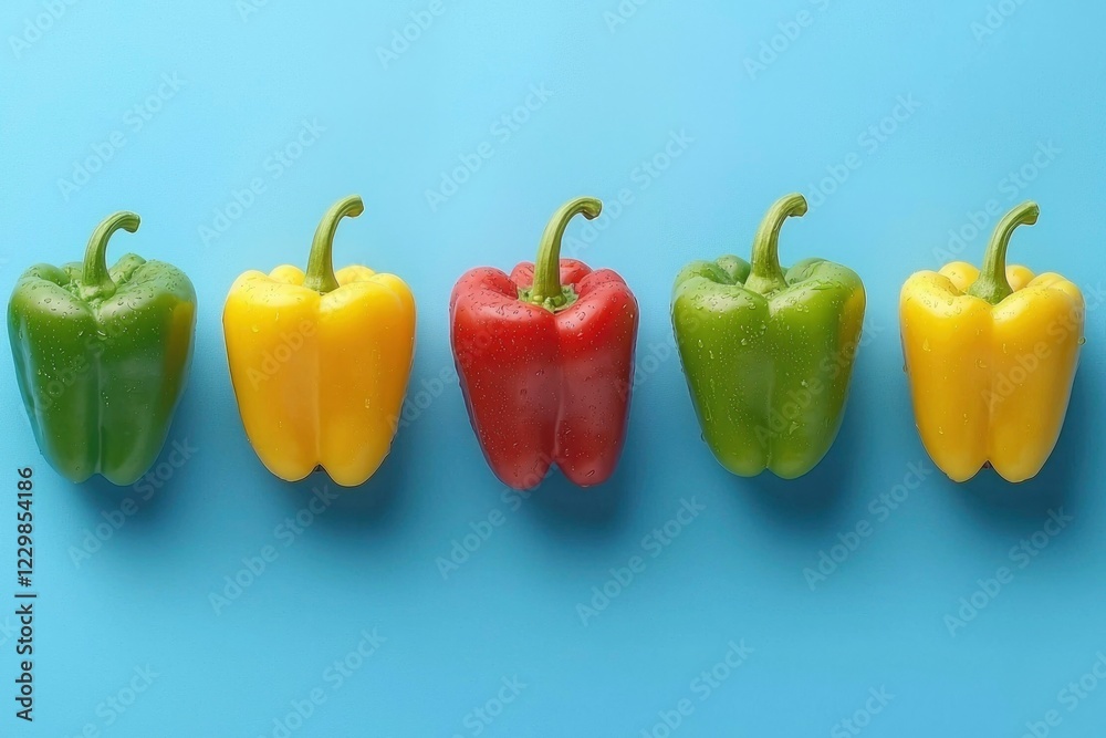 Colorful Bell Peppers Arranged in a Row on Blue Colorful Bell Peppers Arranged in a Row on Blue