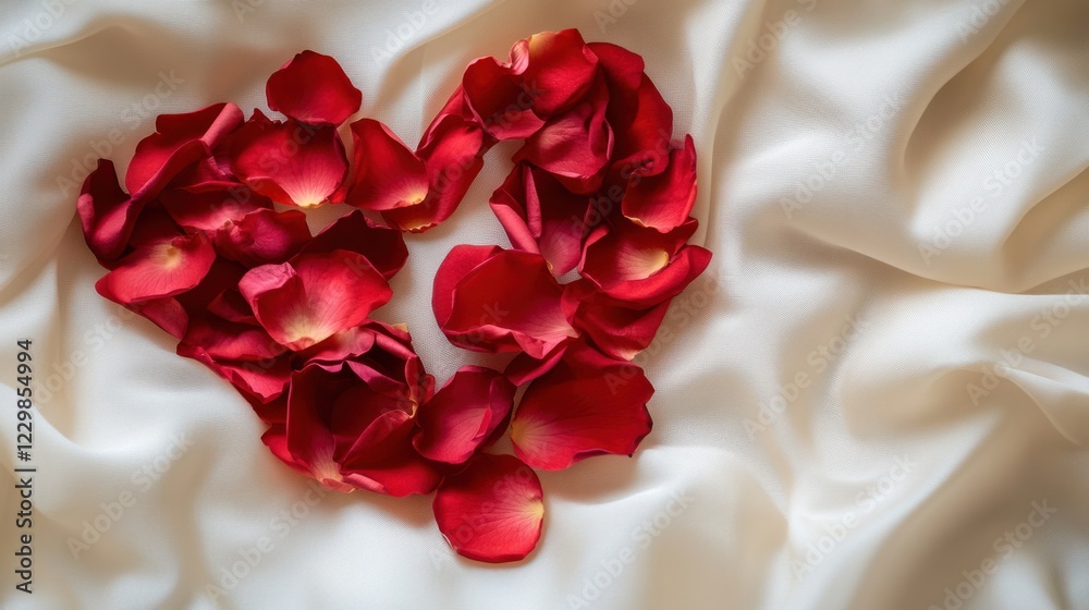 A close-up of rose petals arranged in a heart shape on a soft white fabric A close-up of rose petals arranged in a heart shape on a soft white fabric