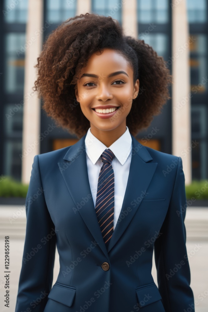 smiling woman in a suit and tie standing in front of a building smiling woman in a suit and tie standing in front of a building